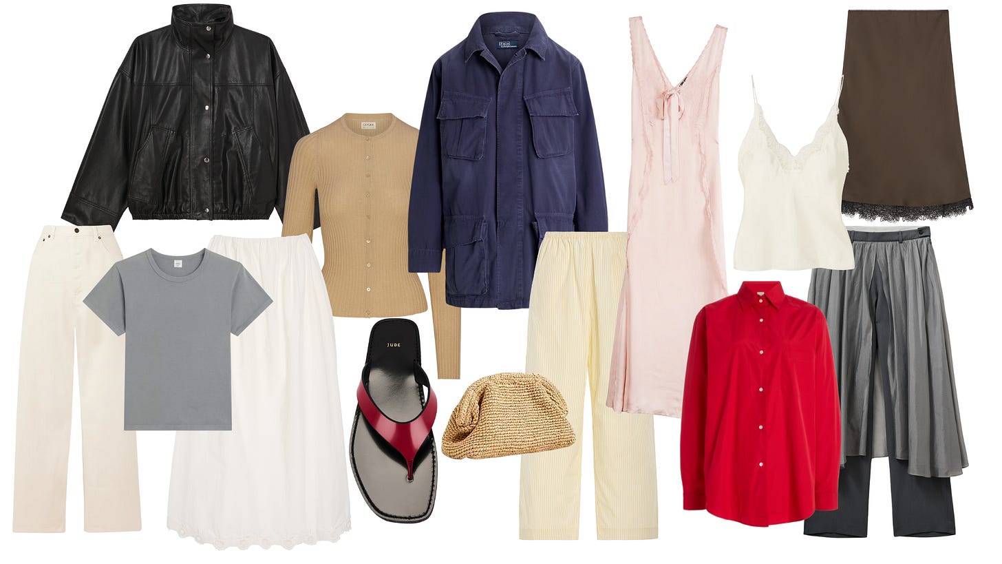 leather jacket | knit | field jacket | slip dress | lace camisole | lace slip | ecru boyfriend denim | t-shirt | poplin skirt | flip-flops | raffia clutch | poplin pants | red button down | layered trousers leather jacket | knit | field jacket | slip dress | lace camisole | lace slip | ecru boyfriend denim | t-shirt | poplin skirt | flip-flops | raffia clutch | poplin pants | red button down | layered trousers