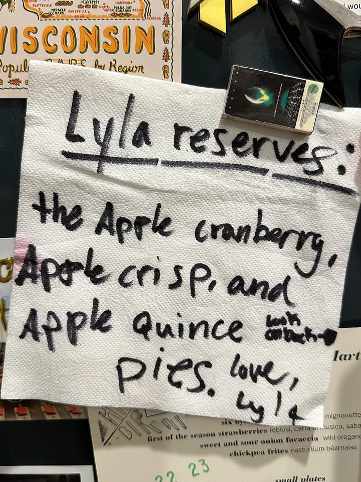 Photos of pies, rolls, and my neice's pie order.