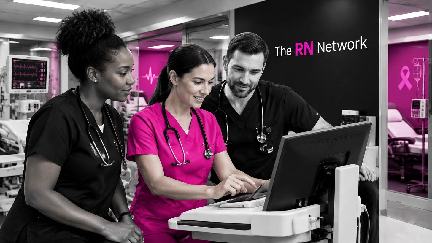 A group of real nurses in pink and neutral scrubs collaborating on specialty career paths