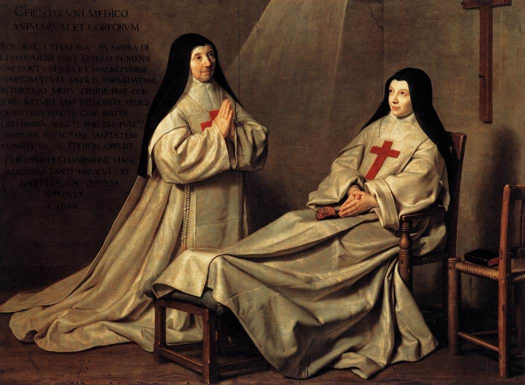 Two nuns of Port-Royal, one seated and one kneeling in prayer, in a bare white room