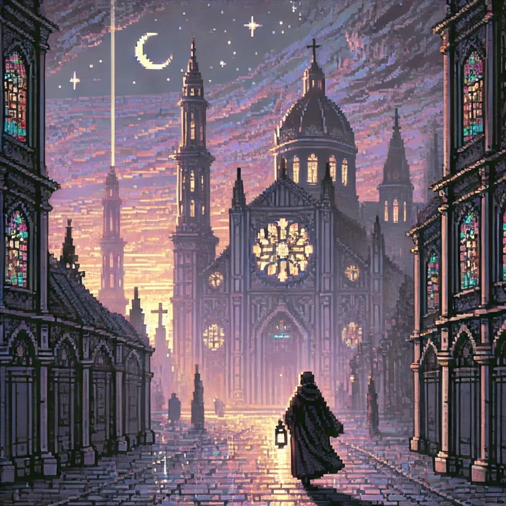 A pixel-art city at dusk with a solemn, muted color palette. Towering stained-glass cathedrals reflect the fading sunlight in soft, subdued hues. A lone traveler in a tattered cloak walks along a cobblestone path, carrying a heavy cross that flickers between gold and shadow. The sky swirls with deep purples and grays, stars forming faint halos above the quiet streets. Ethereal beams of light shine gently from the heavens, illuminating the traveler’s path. In the distance, a vast sea with pixelated waves glows faintly under a crescent moon, evoking the Sea of Galilee. The city has a dreamlike yet melancholic atmosphere, with subtle, glowing lanterns and dim stained-glass reflections shimmering on the streets.