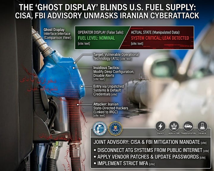 A joint federal advisory from CISA and the FBI reveals a state-directed cyber offensive linked to Iran's Islamic Revolutionary Guard Corps. Threat actors utilize the "Ghost Display" doctrine to infiltrate Automatic Tank Gauges across critical U.S. sectors. This gallery illustrates how attackers manipulate operational technology to feed false safety metrics to facility staff while masking physical dangers, such as chemical leaks and dangerous pressure build-ups.
