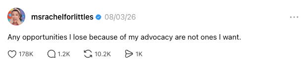 Test reads: Any opportunities I lose because of my advocacy are not ones I want.
