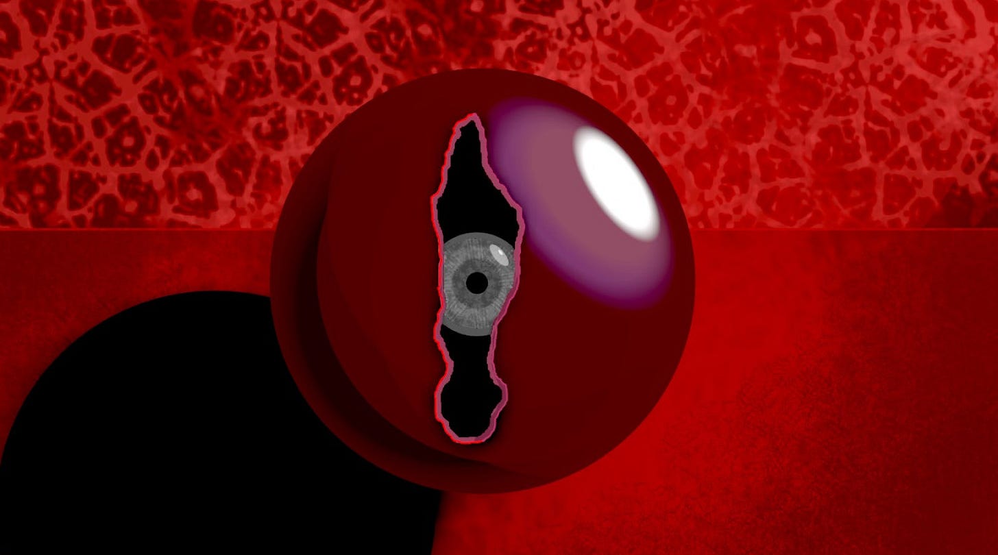 A startled eyeball looking out from a jagged hole in a purple sphere, with a background of blood red patterns.