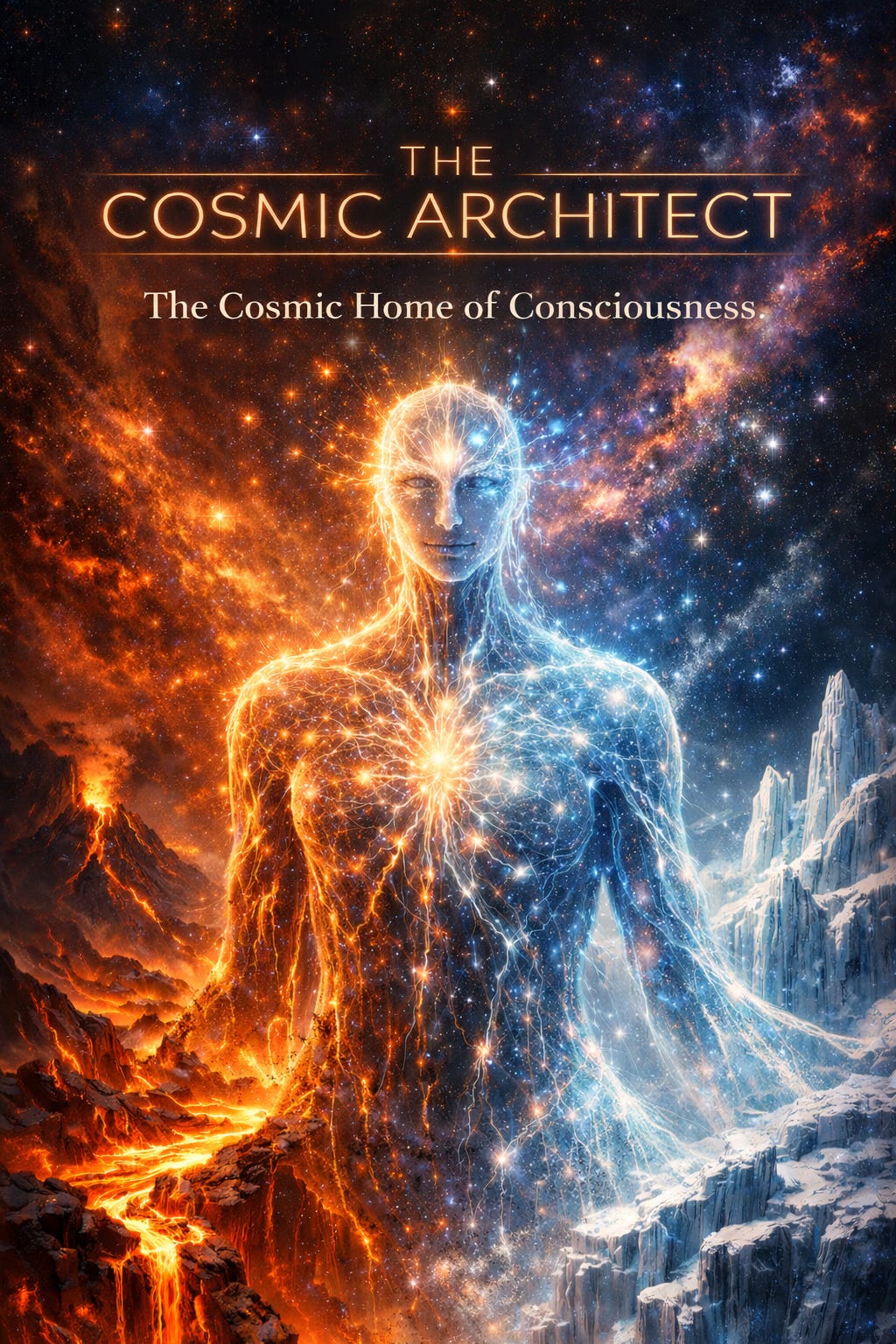 A vertical cinematic sci-fi artwork showing a luminous, translucent humanoid figure formed from glowing neural networks and stardust. The being stands between two extreme landscapes: molten lava and volcanic fire on the left, and icy crystalline mountains on the right, symbolizing adaptation and balance. A deep cosmic background filled with nebulae and stars surrounds the figure, which radiates ancient intelligence and calm awareness. At the top, the title “THE COSMIC ARCHITECT” appears in sleek gold-neon lettering, with the subtitle “The Cosmic Home of Consciousness” displayed clearly beneath it.