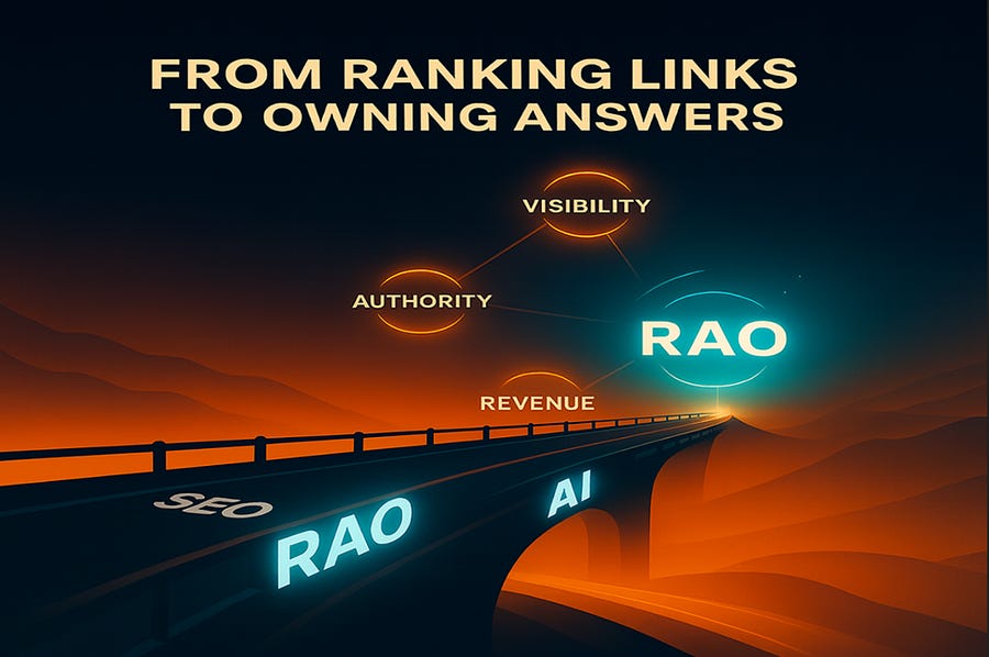 Illustration of a digital bridge labeled SEO, RAO, and AI, with glowing nodes for visibility, authority, and revenue, symbolizing the shift from ranking links to owning answers in the AI-powered answer economy. Illustration of a digital bridge labeled SEO, RAO, and AI, with glowing nodes for visibility, authority, and revenue, symbolizing the shift from ranking links to owning answers in the AI-powered answer economy.