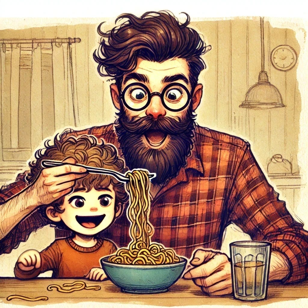 A playful, hand-drawn watercolor-style illustration of a bearded dad with round glasses and a plaid flannel shirt dramatically pretending to be a 'scared noodle' at the dinner table. His expression is exaggerated with mock fear. His young, tousle-haired son grins mischievously as he looks on from under the dad's right arm.
