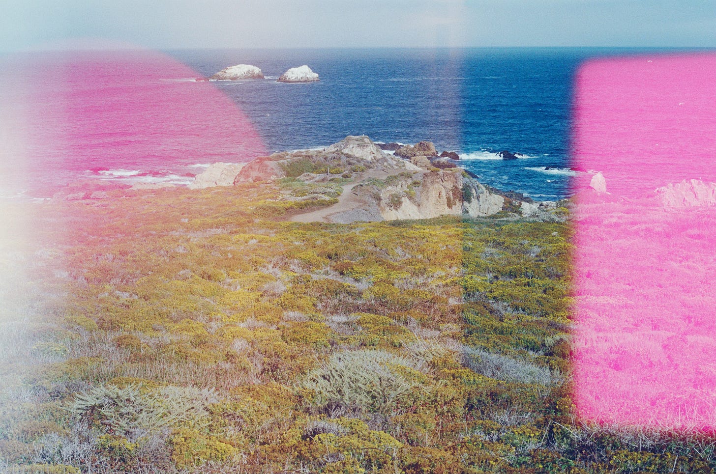 A film photo of a rocky shore and the ocean, with pink light leaks on both sides of the frame.