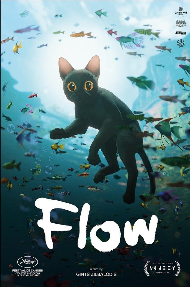 Movie poster for Flow featuring a wide-eyed black cat suspended underwater among dozens of colorful tropical fish. Soft blue light filters down from the surface, creating a dreamlike, surreal atmosphere. The title Flow appears in large white lettering at the bottom, with festival laurels and production credits below.