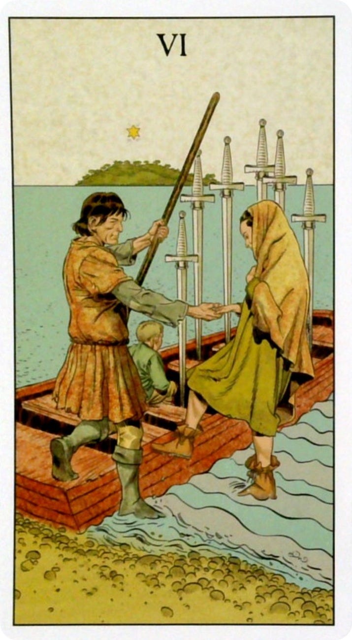 The 6 of Swords tarot card and the Miracles oracle card.