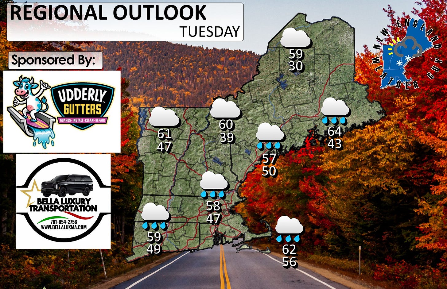 May be an image of map, road and text that says 'REGIONAL OUTLOOK TUESDAY Sponsored By: 59 30 UDDERLY GUTTERS GUARSS IMSTALL- CLEAN REPAIR 61 47 60 39 64 43 BELLALUXURY BELLA RANSPORTATION RTATION 57 50 781-854-2756 4-2756 WWW.BELLALUXMA.COM 58 47 59 49 62 56 カブサスタペン'