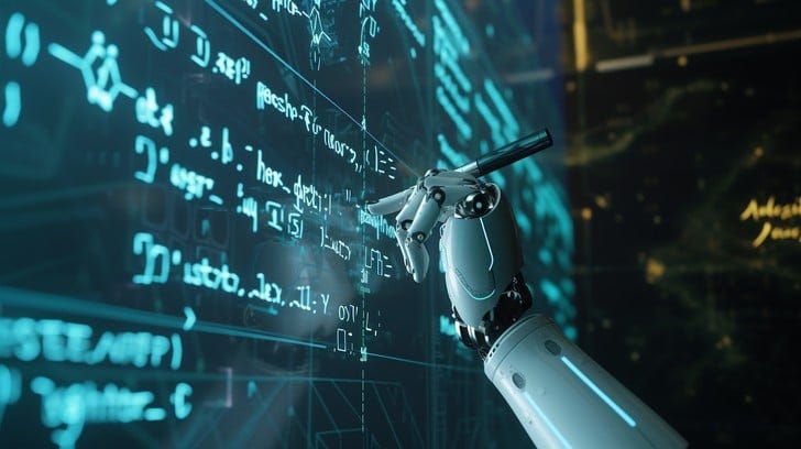 This image captures a futuristic scene where a robotic arm hovers before a dynamic display of holographic code; a visual representation of cutting-edge technology where machines become capable of programming and perhaps, autonomous decision-making. This could symbolize the forward march of automation, artificial intelligence, and machine learning, expanding our understanding of the interaction between robots and virtual environments.