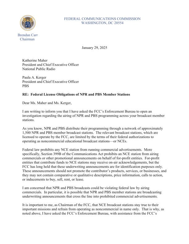 Front page of FCC letter to NPR and PBS