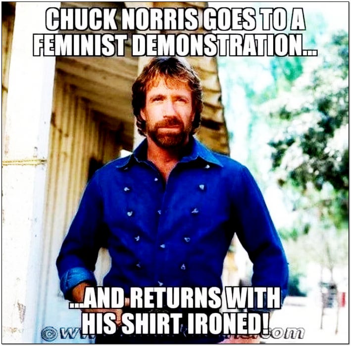 Chuck Norris went to a feminist demonstration and returned with his shirt ironed