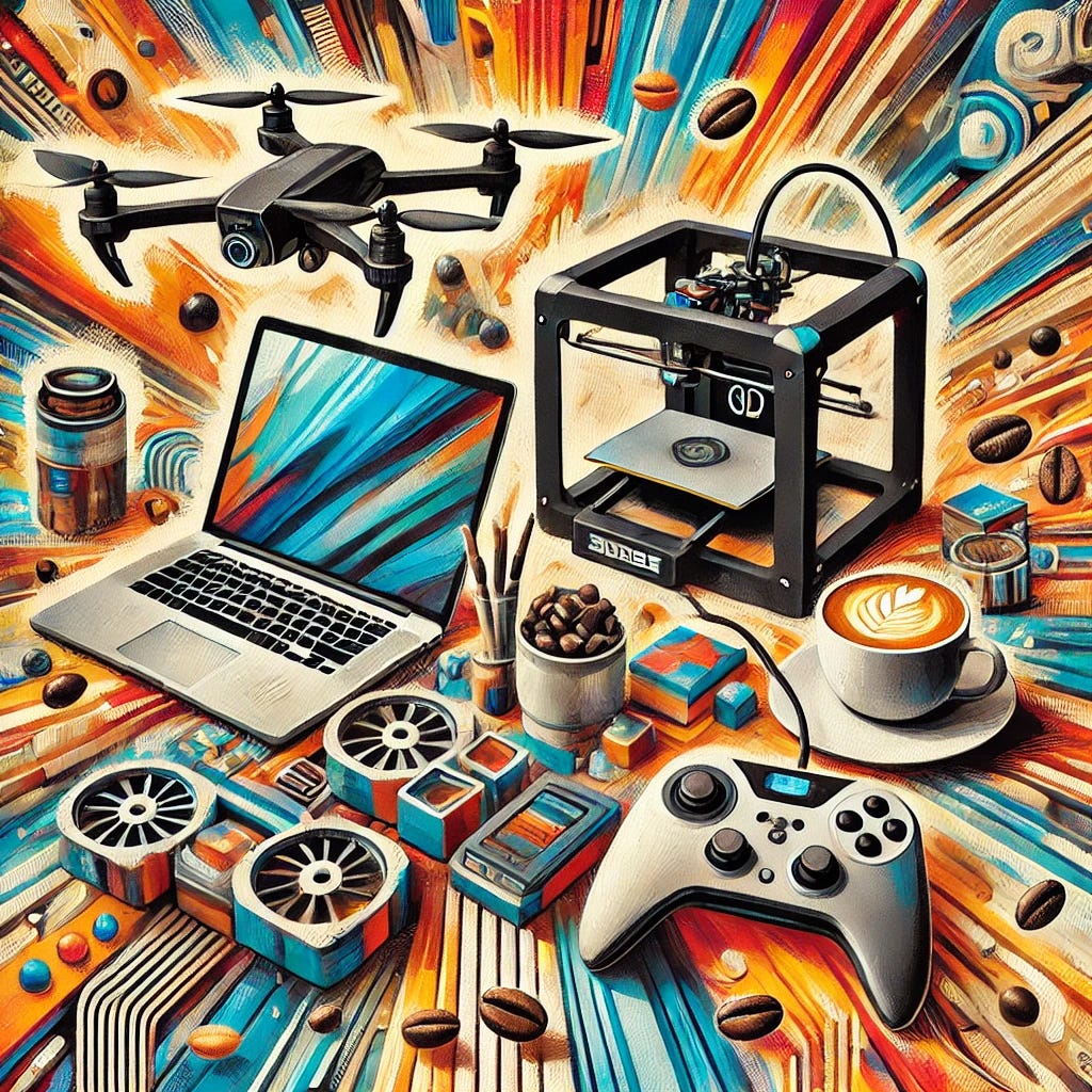 A vibrant, modern collage styled as an acrylic painting. The composition features a laptop, scattered coffee beans, a compact 3D printer, and a sleek UAV (drone), arranged in a dynamic, kaleidoscopic pattern. The painting uses bold brushstrokes, thick textures, and vivid colors to convey creative energy and the idea of 'building our Tabernacles' in contemporary life. The aesthetic blends futuristic innovation with everyday practicality, using rich layers of acrylic paint to create depth and a tactile, expressive feel.