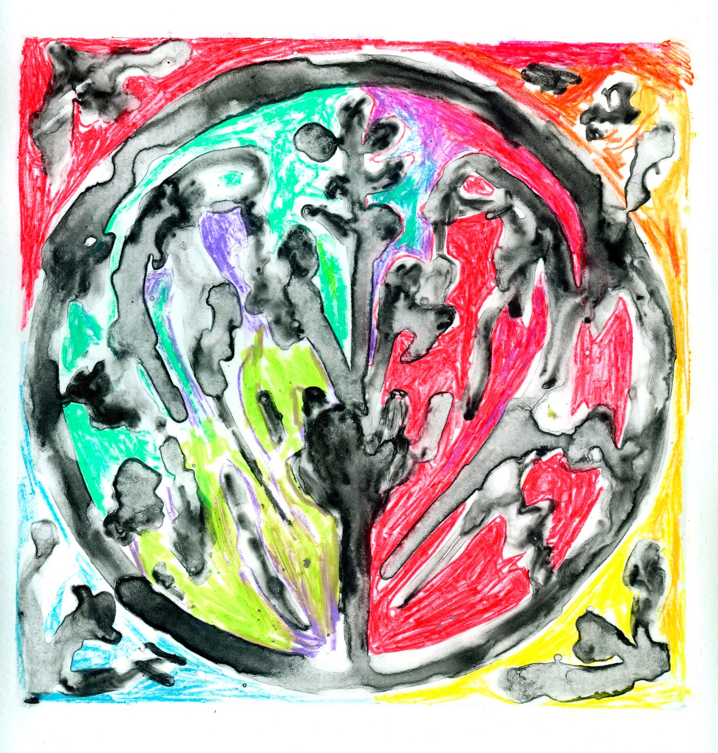 black brushstrokes with red, green, and yellow color areas