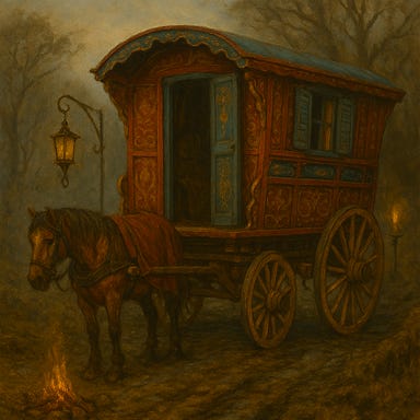 A dark fantasy image of Ezmerelda’s Vistani wagon. The wagon is richly decorated but battle-worn, painted in deep reds and purples with swirling gold patterns along the panels. Lanterns hang from the corners, their warm light glowing through colored glass. The wheels are reinforced with iron bands, and a rack of hunting tools and crossbow bolts is mounted on one side. A small chimney pipe releases a thin curl of smoke from within. The wagon sits in a clearing near the Abbey’s ruined barracks, surrounded by mist, broken stones, and twisted trees. The atmosphere is mysterious, nomadic, and quietly powerful.