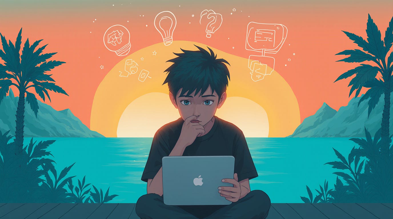 An anime character (boy) in 4k who is coding and thinking about vectors on a day with bright sunset, and hyper realistic feeling with orange and teal filter. An anime character (boy) in 4k who is coding and thinking about vectors on a day with bright sunset, and hyper realistic feeling with orange and teal filter.