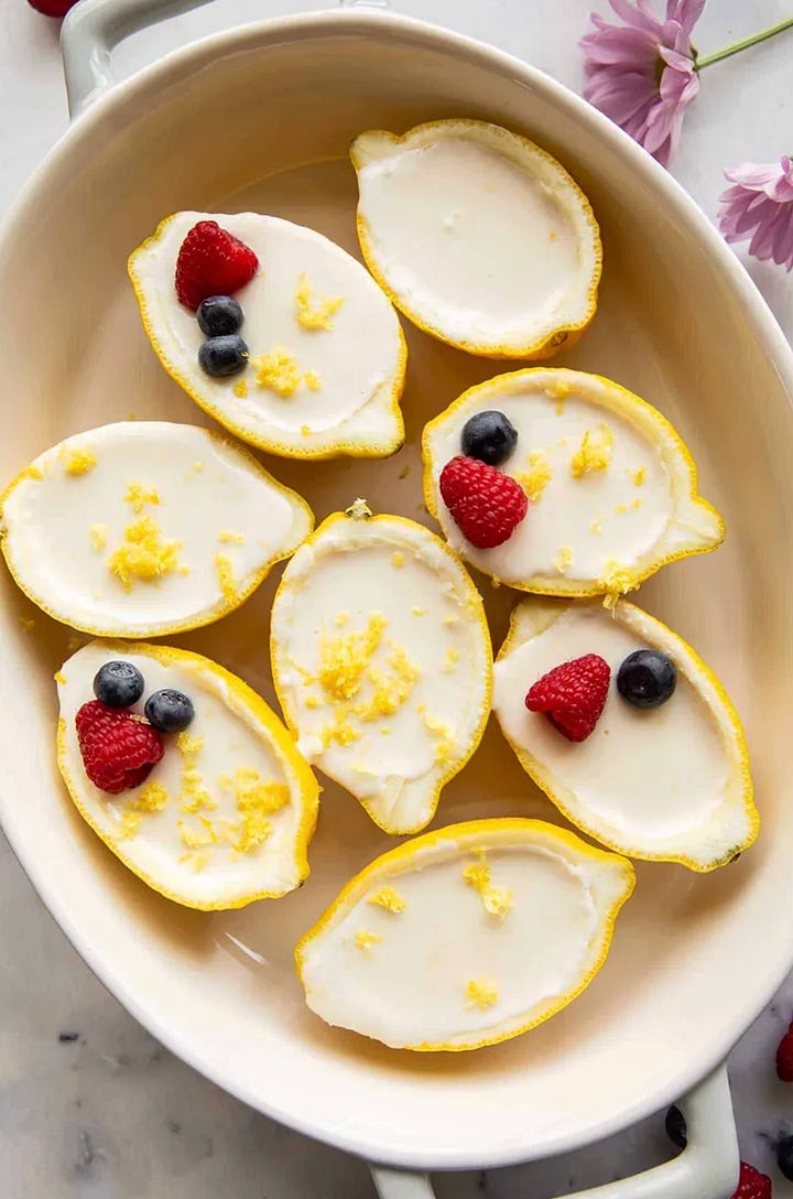 A Mediterranean feta chicken bake, lemon possets, Palm Springs dates overnight oats, lemon blueberry muffins.