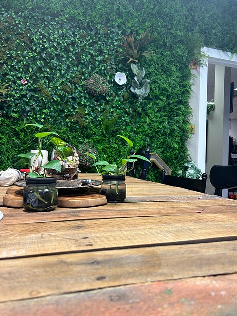 Collage of five images including a tattoo chair, women's clothing mannequin, display of earrings, greenery wall in a craft room, and small room with a sign that says "tarot".