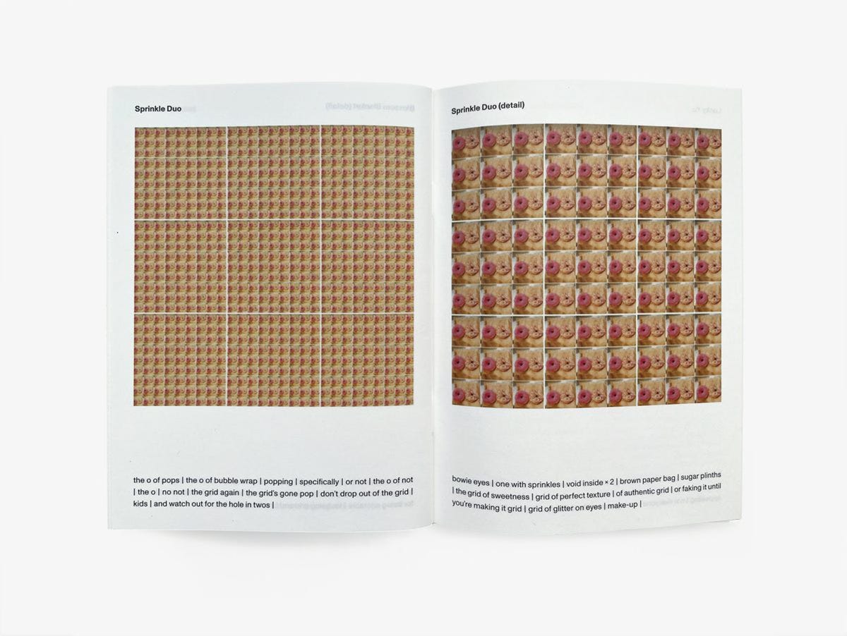 Two facing inside pages. The left hand page has a block of 729 tiny images. The right hand page has a block of 81 tiny repeated images. There are three lines of text at the foot of each page. Two facing inside pages. The left hand page has a block of 729 tiny images. The right hand page has a block of 81 tiny repeated images. There are three lines of text at the foot of each page.