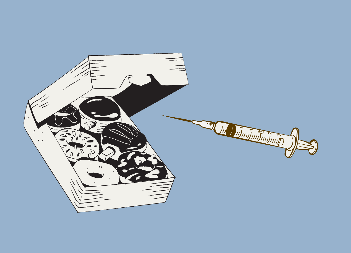A box of donuts and a syringe; the opening image to Andrew Kooman's article about MAiD ethics in Canada A box of donuts and a syringe; the opening image to Andrew Kooman's article about MAiD ethics in Canada
