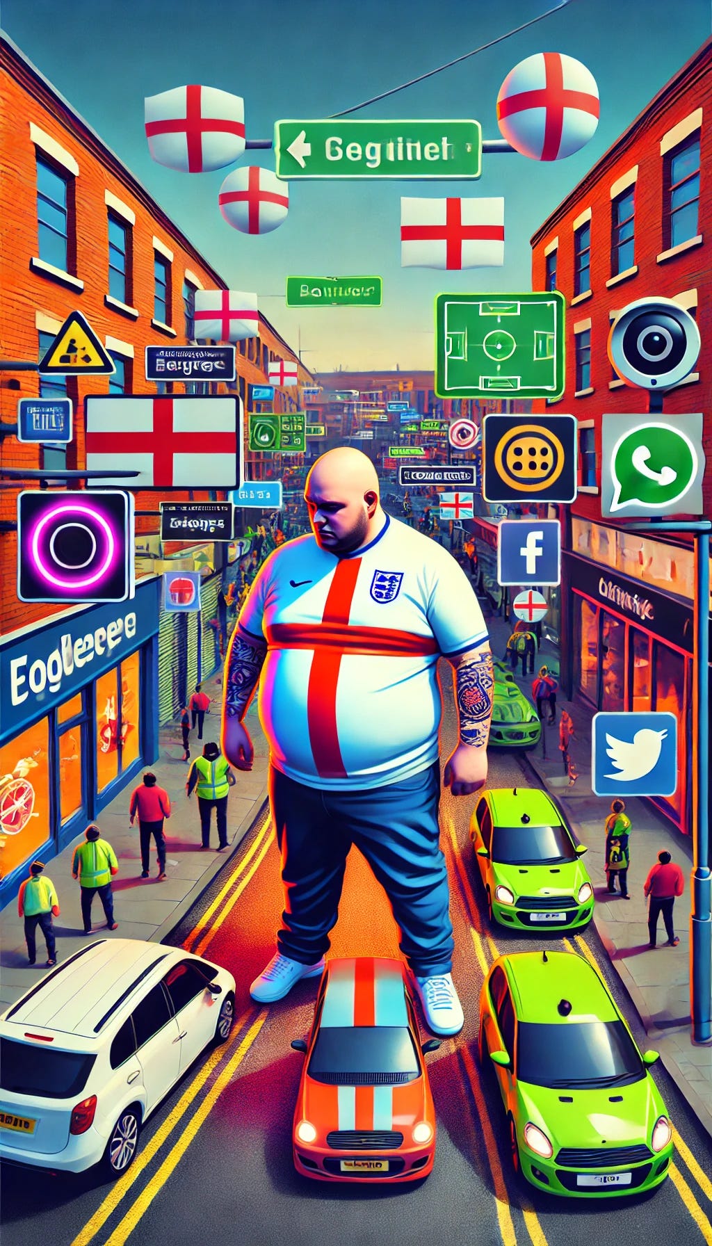A vertical image featuring a bald, overweight, working-class right-wing rioter in an urban environment. The rioter has fewer tattoos, with a focus on a prominent bald head and a more stocky, overweight build. The tattoos that are present remain English and football-related, like England flags or football club logos. The scene is surrounded by vivid, colourful elements, including a smartphone in the rioter's hand displaying a map and social media notifications without any text or writing. Brightly coloured surveillance cameras from shops, smart doorbells, and cars are all directed at the rioter. There are additional signs of commercial surveillance, such as advertisements on digital billboards and social media icons subtly integrated into the environment, but without any written text. The image should maintain a chaotic, tense atmosphere with vibrant, eye-catching colours, emphasizing the comprehensive and intrusive nature of modern surveillance systems.