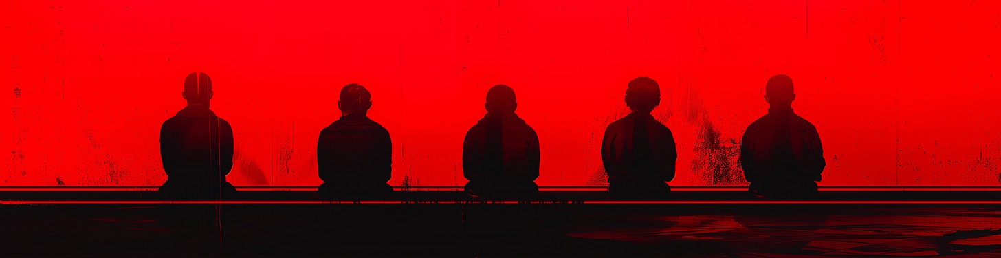 An image showing the silhouettes of five individuals seated against a red background, symbolizing the diverse educational backgrounds and skillsets required for AI Red Team members.