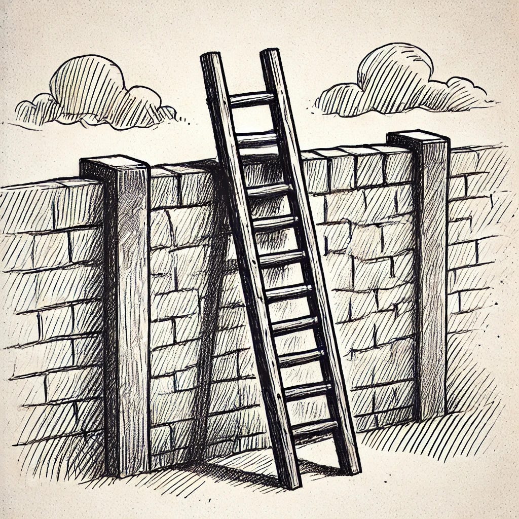 A hand-drawn black and white sketch of a ladder going over a wall. The ladder leans against the wall and extends above it, suggesting a way to climb over. The wall is tall and textured with brick or stone patterns, and the ladder is simple and wooden. The drawing style is sketchy and artistic, using pencil lines, cross-hatching, and shading. The background is minimal, focusing attention on the ladder and the idea of overcoming an obstacle. A hand-drawn black and white sketch of a ladder going over a wall. The ladder leans against the wall and extends above it, suggesting a way to climb over. The wall is tall and textured with brick or stone patterns, and the ladder is simple and wooden. The drawing style is sketchy and artistic, using pencil lines, cross-hatching, and shading. The background is minimal, focusing attention on the ladder and the idea of overcoming an obstacle.