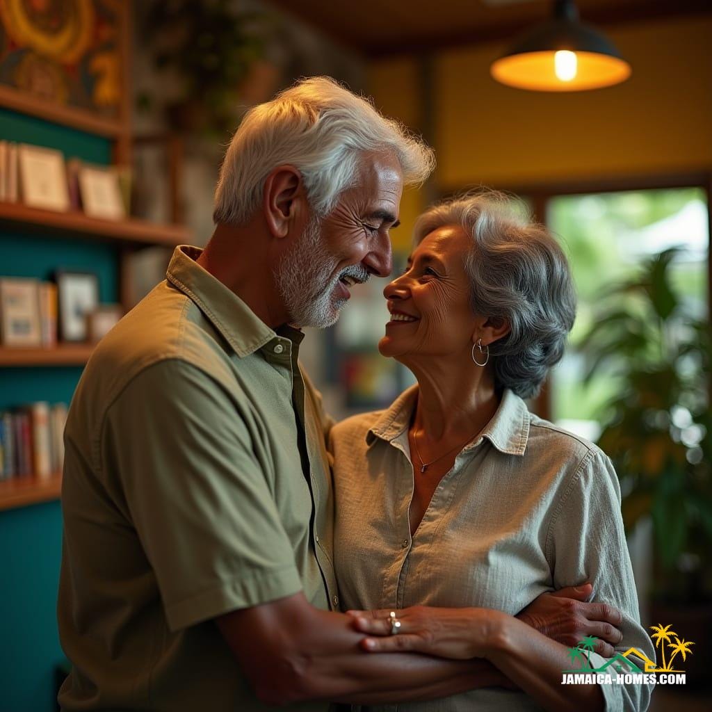 Elderly, grey-haired, mixed-heritage couple, he with dark skin and she with fair skin, warmly embracing, standing together in a Jamaican bank, surrounded by lush, tropical wood accents and vibrant island colors, as they excitedly discuss their dream home loan with a financial advisor, the soft glow of warm, golden lighting casting a cinematic ambiance, capturing the intimacy and excitement of the moment, with a subtle film grain and vignette, reminiscent of a 35mm film still, shot on a V-Raptor XL, with meticulous attention to color grading and post-processing, evoking the epic, stunning, and dramatic quality of a cinematic masterpiece, in the style of acclaimed cinematographers, Emmanuel Lubezki, Roger Deakins, and Rachel Morrison.