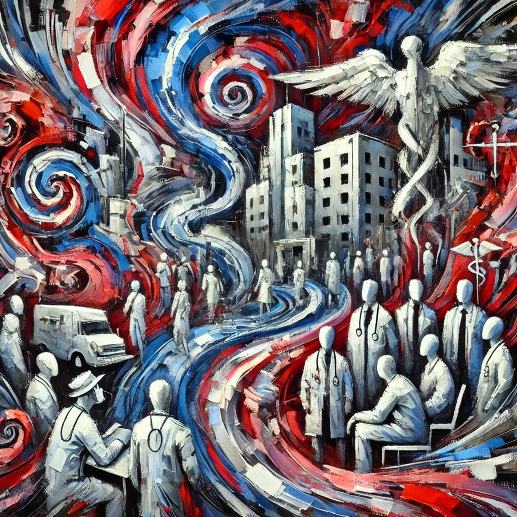 An abstract oil painting in an impressionist style with very thick, expressive oil paint brush strokes. The composition conveys a fragmented and chaotic healthcare system through swirling, distorted forms. Disjointed figures of doctors and patients blend into waves of red, blue, and black, symbolizing confusion and complexity. The hospital appears distorted, merging into shadowy, towering structures in the background. The painting features bold contrasts, heavy impasto texture, and surreal deformations to evoke a sense of disarray and imbalance. No text or words are present in the painting. An abstract oil painting in an impressionist style with very thick, expressive oil paint brush strokes. The composition conveys a fragmented and chaotic healthcare system through swirling, distorted forms. Disjointed figures of doctors and patients blend into waves of red, blue, and black, symbolizing confusion and complexity. The hospital appears distorted, merging into shadowy, towering structures in the background. The painting features bold contrasts, heavy impasto texture, and surreal deformations to evoke a sense of disarray and imbalance. No text or words are present in the painting.