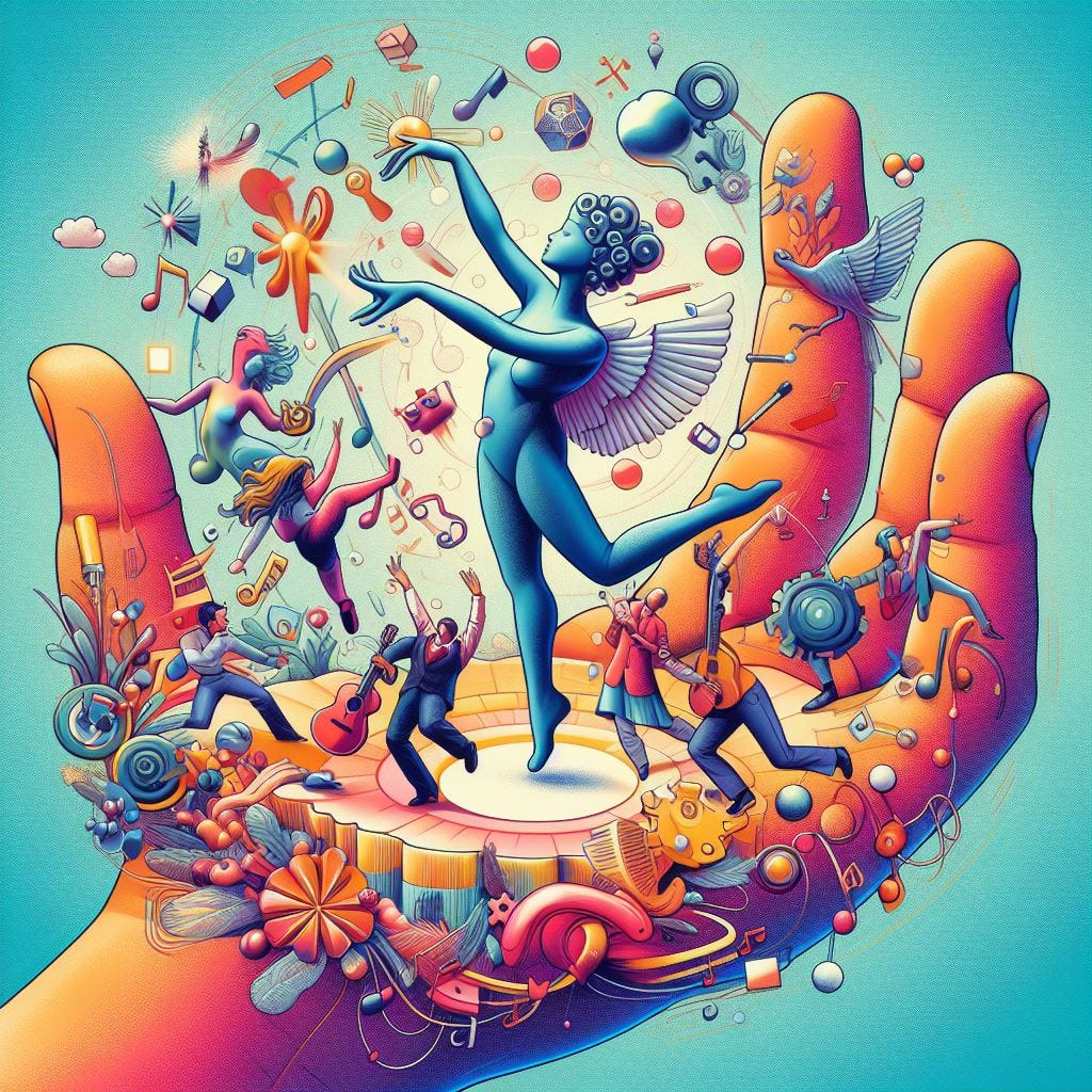image to accompany a fun and engaging blog post about the dancing hand of demand and innovation.  digital art