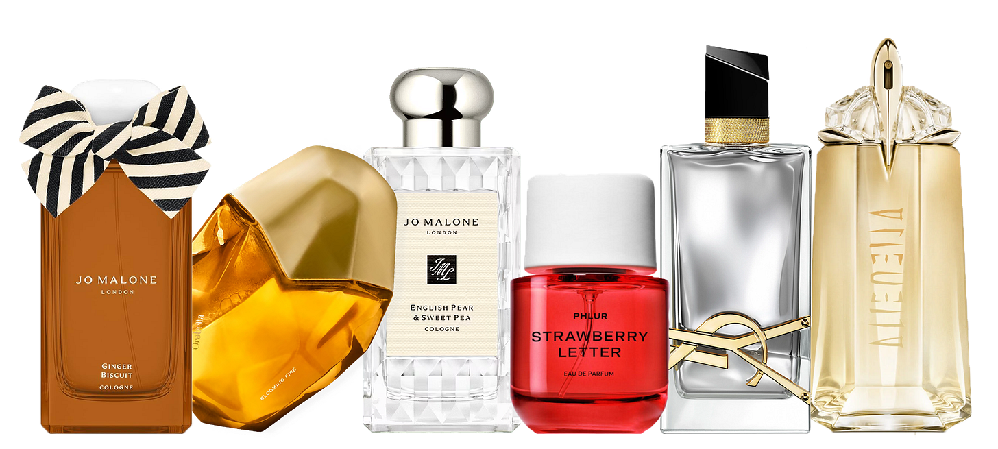 Jo Malone Ginger Biscuit; Orebella Blooming Fire; Jo Malone English Pear & Sweat Pea; Phlur Strawberry Letter; YSL Libre Absolu Platine; Mugler Alien Goddess