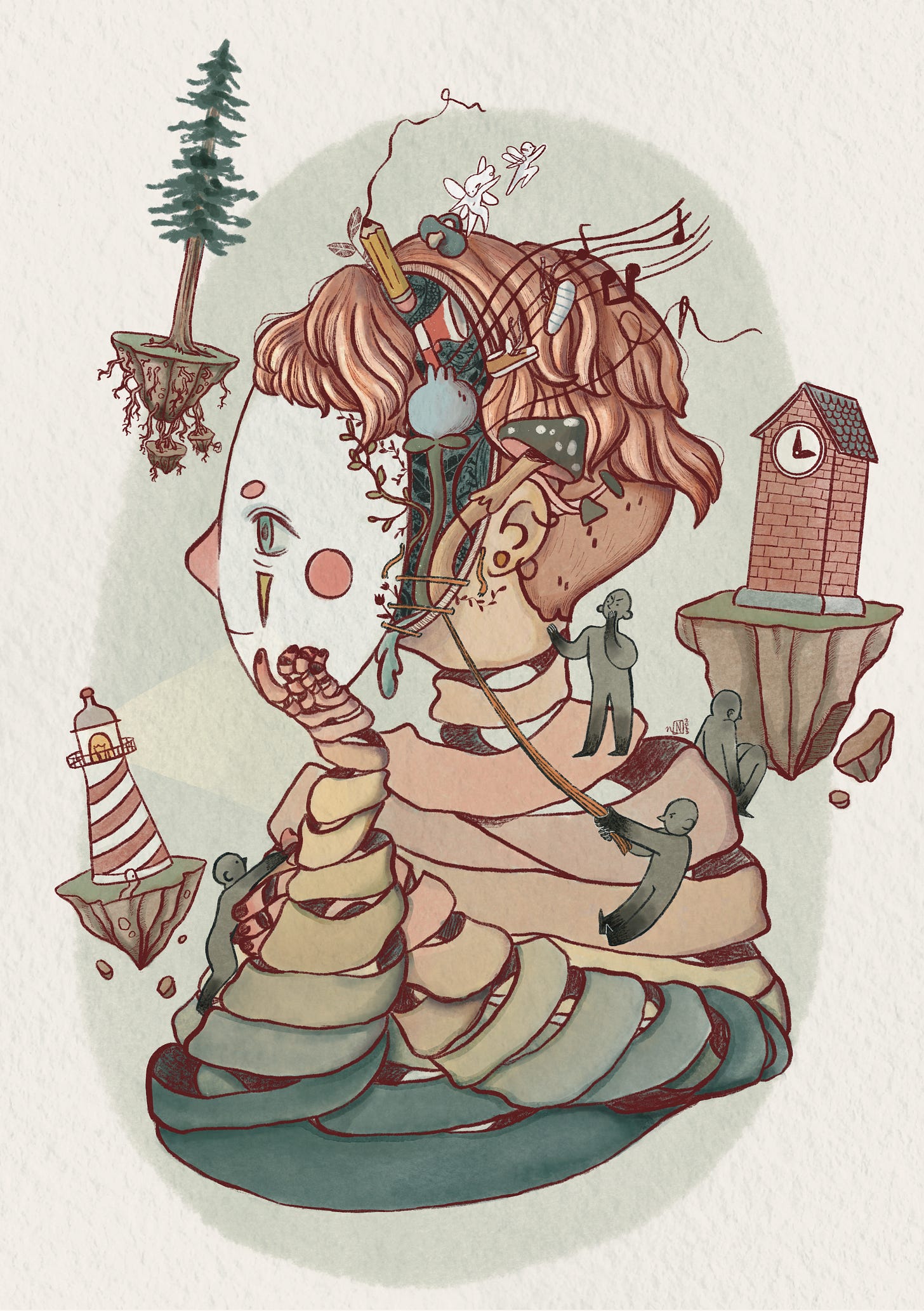 An image of a person made of ribbons and unraveling as they removed a soft smiling mask to reveal a plethora of things now inside their head. Small people surrounding the figuring react to the unmasking in different ways, trying to pull the mask back on, whispering menacingly in the person's ear, and turning their back on the person. A lighthouse, a pine tree, and a clock tower float on islands surround the large figure.