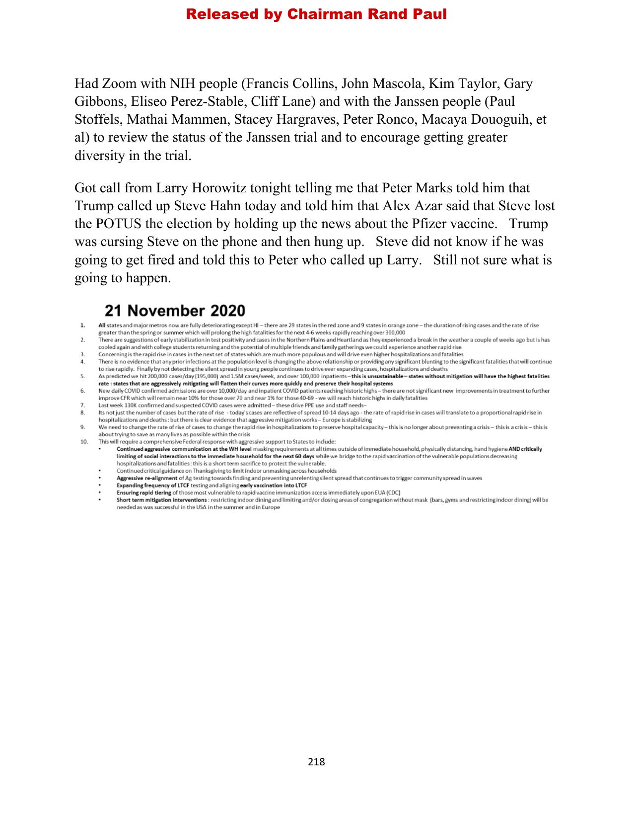 Diary page dated November 21, 2020, recording that Trump called Stephen Hahn and told him he lost the President the election by holding up news about the Pfizer vaccine.