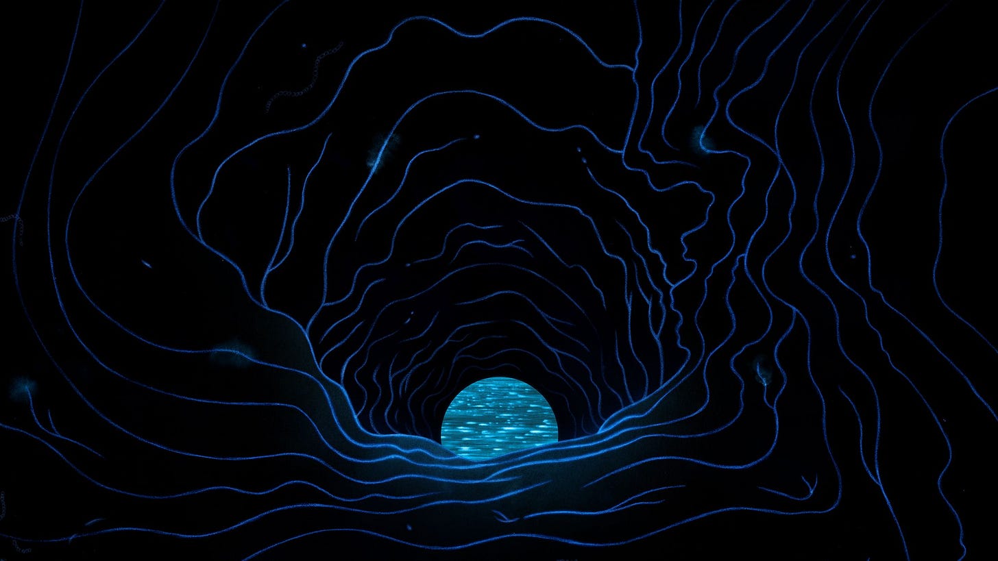 Illustration of a dark cave with blue lines.