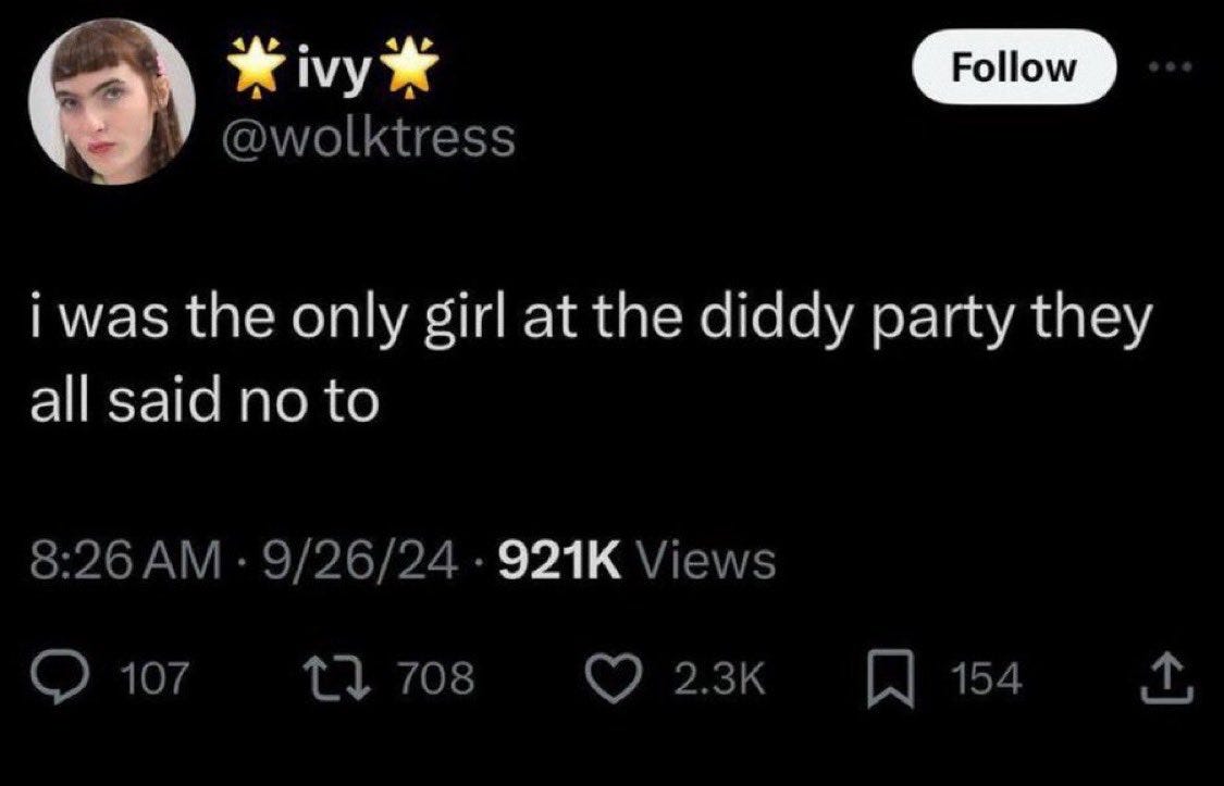 september 2024 tweet from Wolk stating "I was the only girl at the diddy party they all said no to.