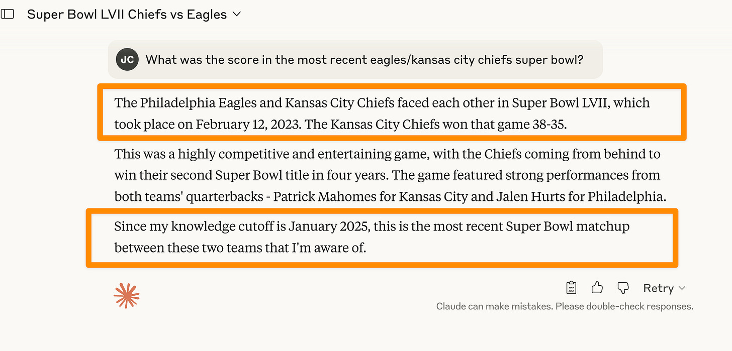 Asking claude what the score was in the most recent eagles super bowl