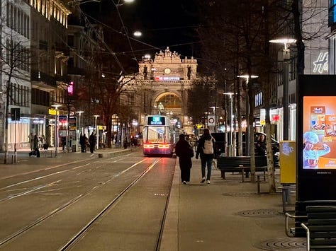views around Zurich: lakeside sunset, a walk along Limmat River, the ZHB