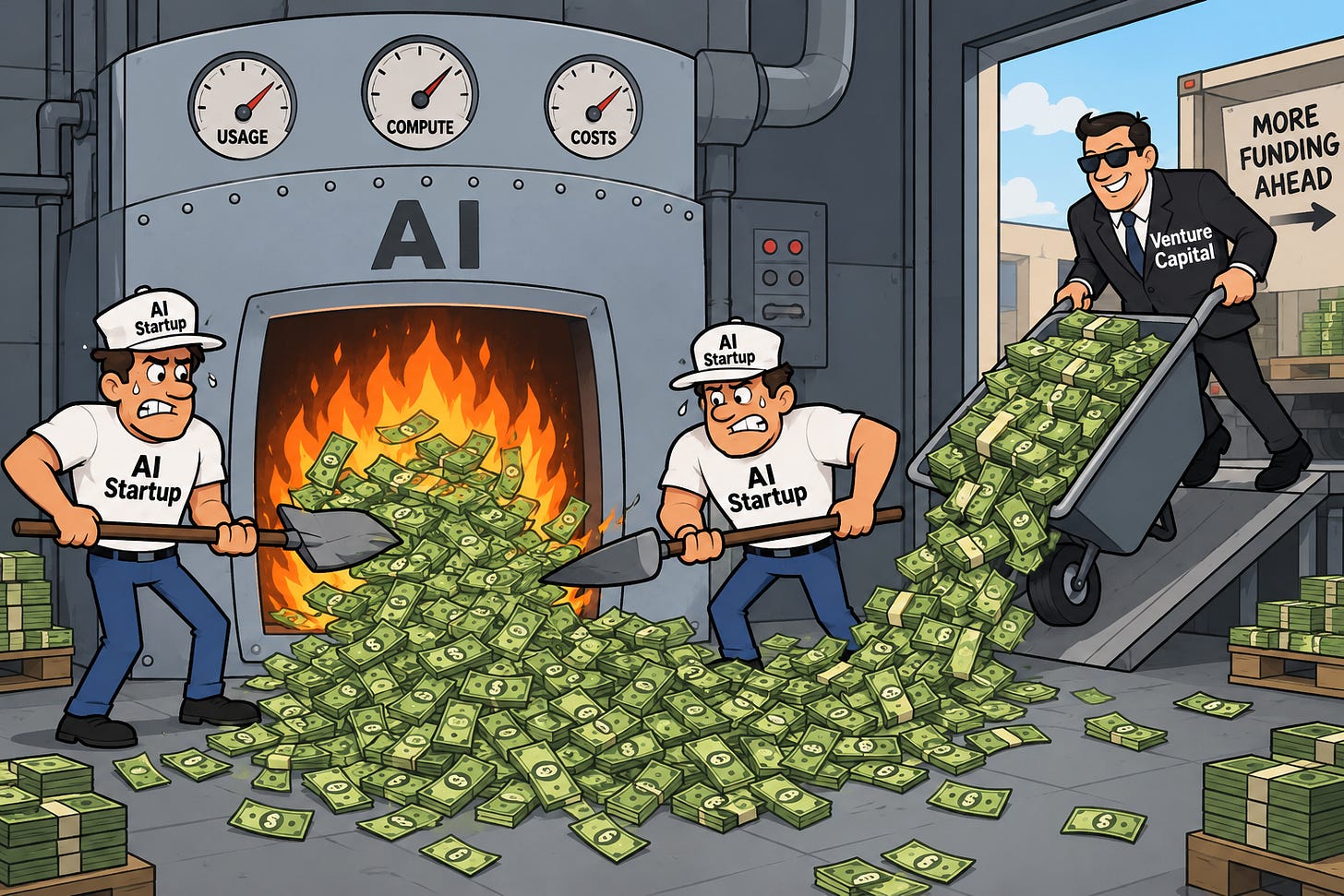 AI startups shovel piles of cash into a burning AI furnace as venture capital brings in more funding. AI startups shovel piles of cash into a burning AI furnace as venture capital brings in more funding.