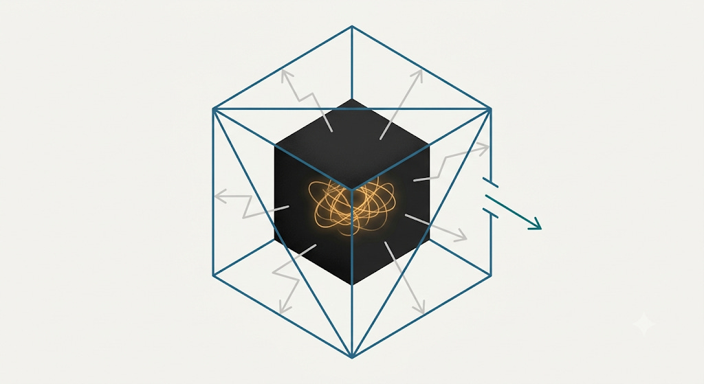 Minimalist editorial illustration of an AI agent made safe by an engineered boundary. The familiar matte-black cube with a faintly glowing chaotic tangle visible inside sits at the center of a larger, crisp wireframe enclosure drawn in a single accent color, its edges clean and geometric against a light neutral background. Several thin, erratic arrows dart out from the black cube and stop dead at the enclosure walls, flattening against them harmlessly. One single arrow exits the enclosure through a small gate in one wall, straight and orderly. Minimalist editorial illustration of an AI agent made safe by an engineered boundary. The familiar matte-black cube with a faintly glowing chaotic tangle visible inside sits at the center of a larger, crisp wireframe enclosure drawn in a single accent color, its edges clean and geometric against a light neutral background. Several thin, erratic arrows dart out from the black cube and stop dead at the enclosure walls, flattening against them harmlessly. One single arrow exits the enclosure through a small gate in one wall, straight and orderly.