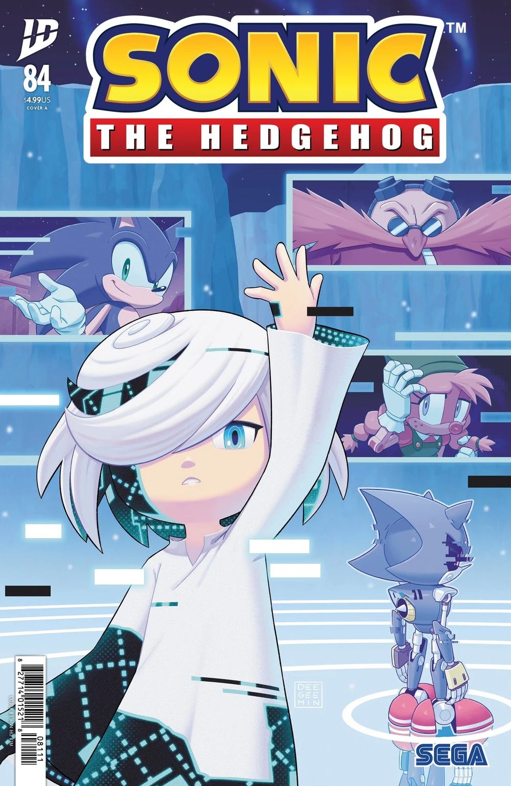 Main cover of Sonic the Hedgehog #84 featuring Belle, a robotic girl with white hair and digital accents, raising her hand in a glowing, glitchy environment. Screens around her display Sonic, Eggman, Belle, and Metal Sonic, setting a high-tech narrative tone.
