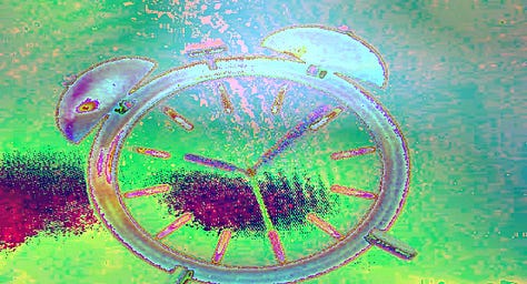 Images of glitched computer graphics and a large projection in a gallery space showing the final work 