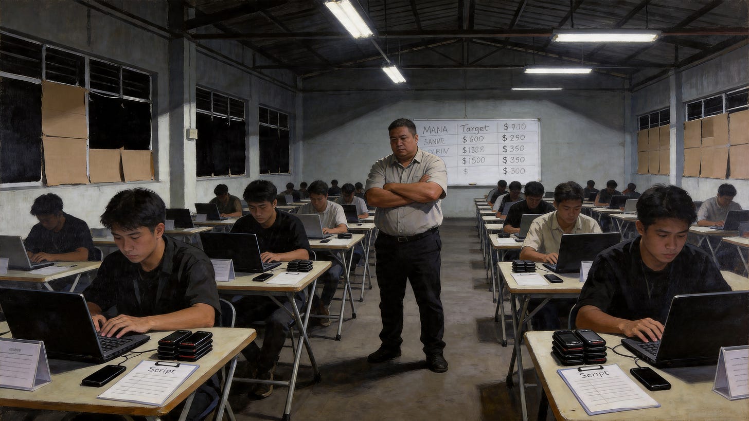 Rows of young workers at laptops with stacked burner phones and script cards, overseen by a supervisor, in a blacked-out warehouse — a pig butchering scam operation.