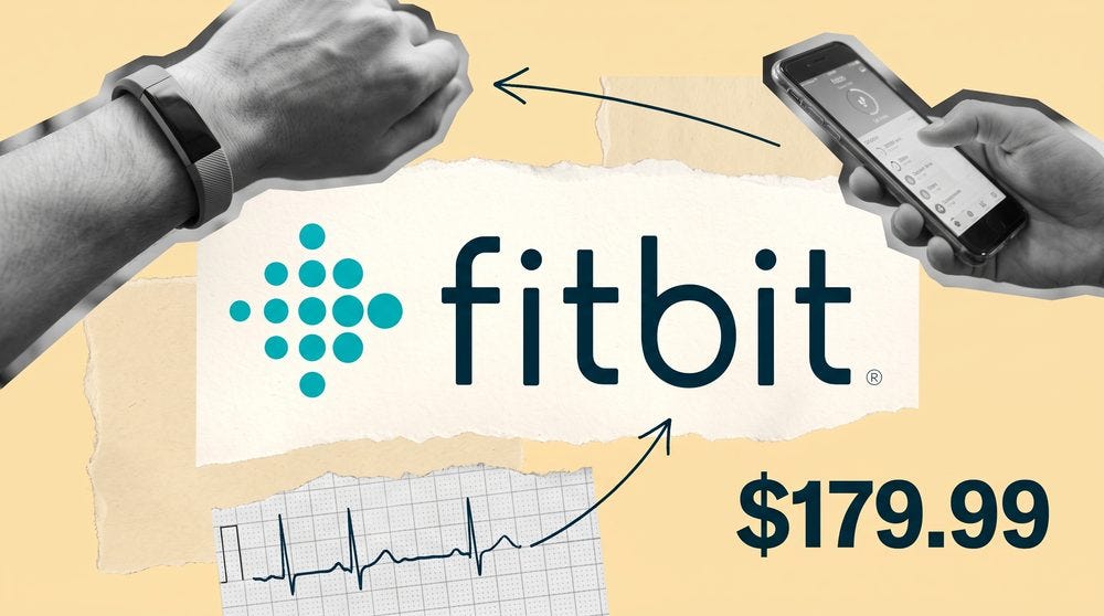 Editorial collage of a fitness tracker, a subscription paywall and a clinical chart on a pale ice-blue ground