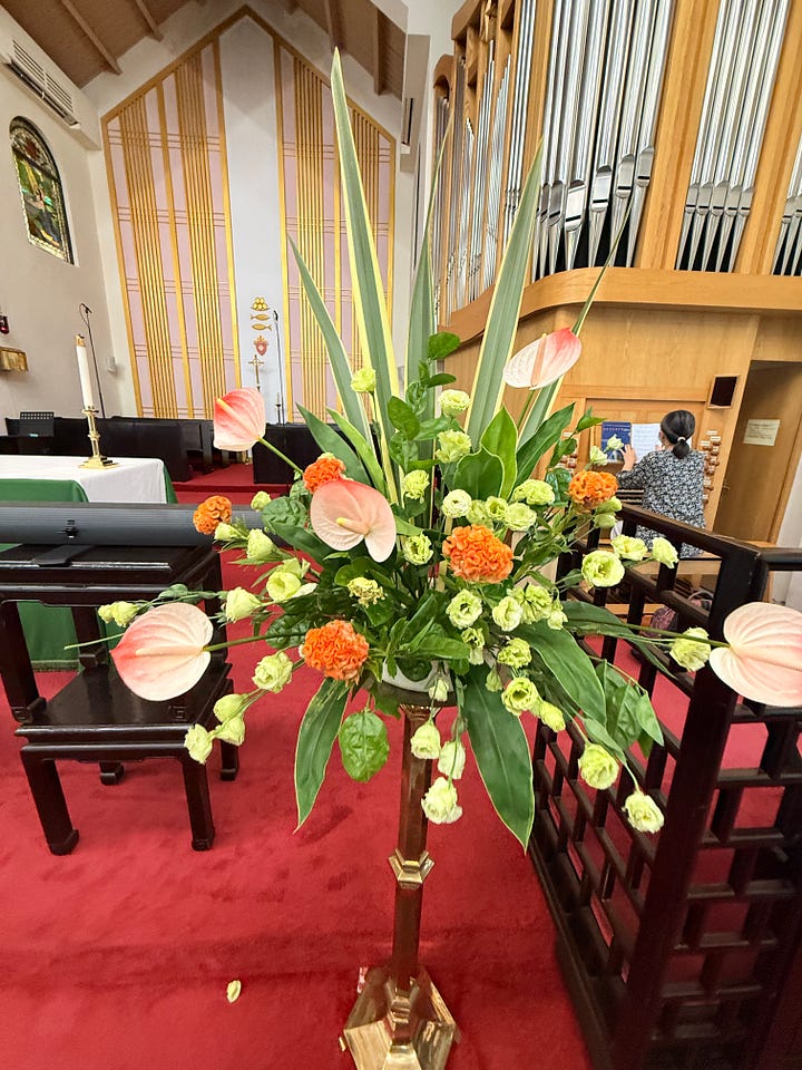 Flowers at a temple in Taiwan; flowers in St. John's Episcopal Cathedral in Taipei