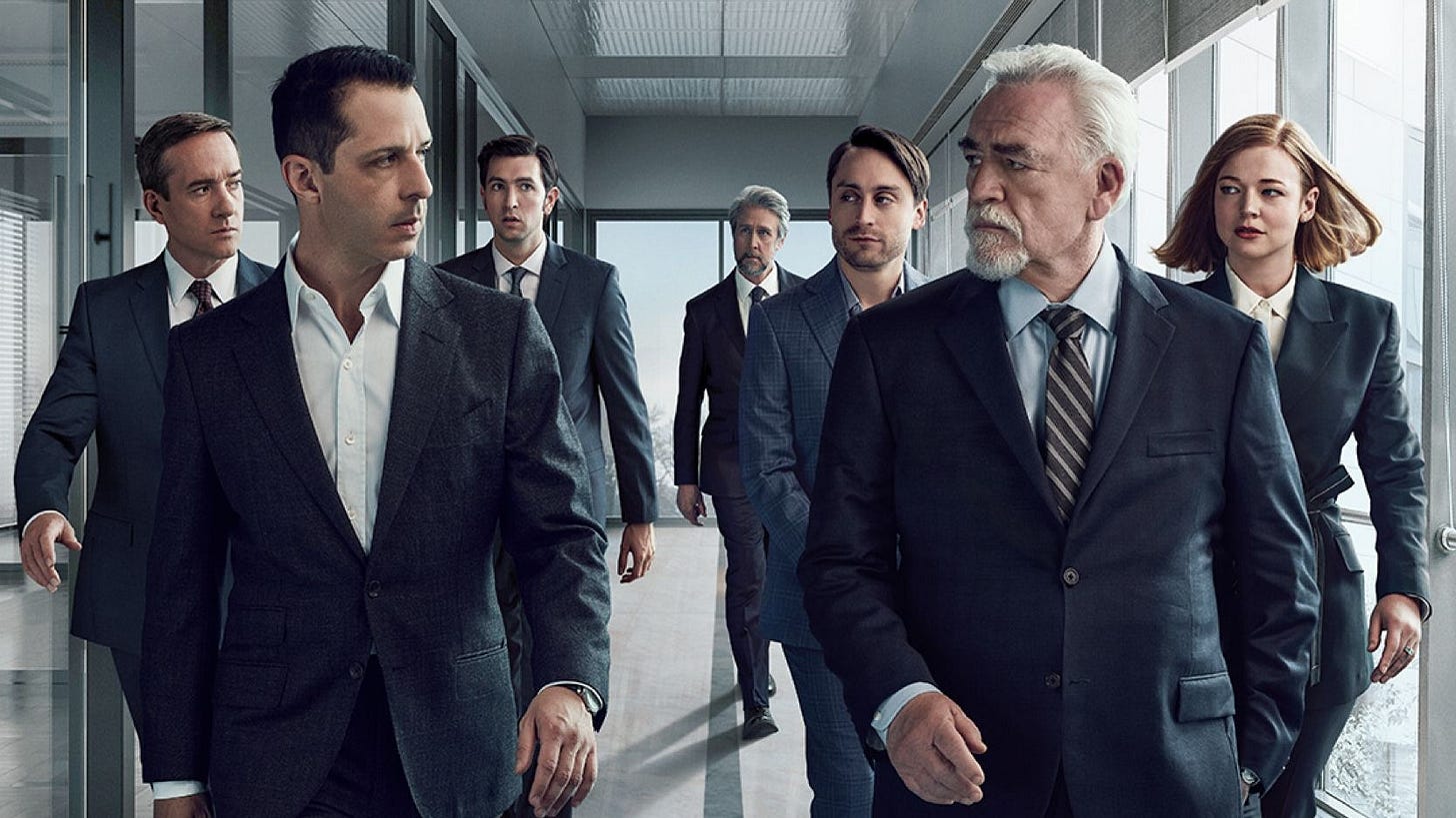 Imagen promocional de la tercera temporada de Succession, con Tom, Kendall, Greg, Connor, Roman, Logan y Shiv