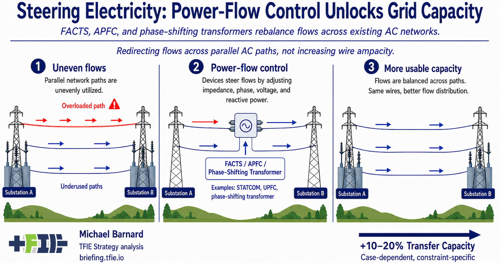 Infographic showing power-flow control devices steering electricity across parallel transmission lines to reduce congestion and increase transfer capacity. Infographic showing power-flow control devices steering electricity across parallel transmission lines to reduce congestion and increase transfer capacity.