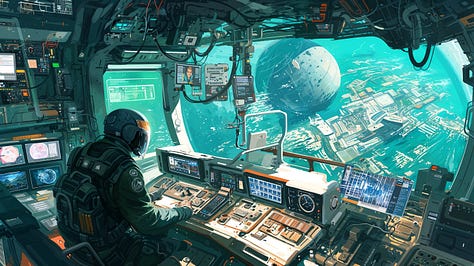 A courtyard with leaves falling, inside a space shuttle and a cybernetic samurai