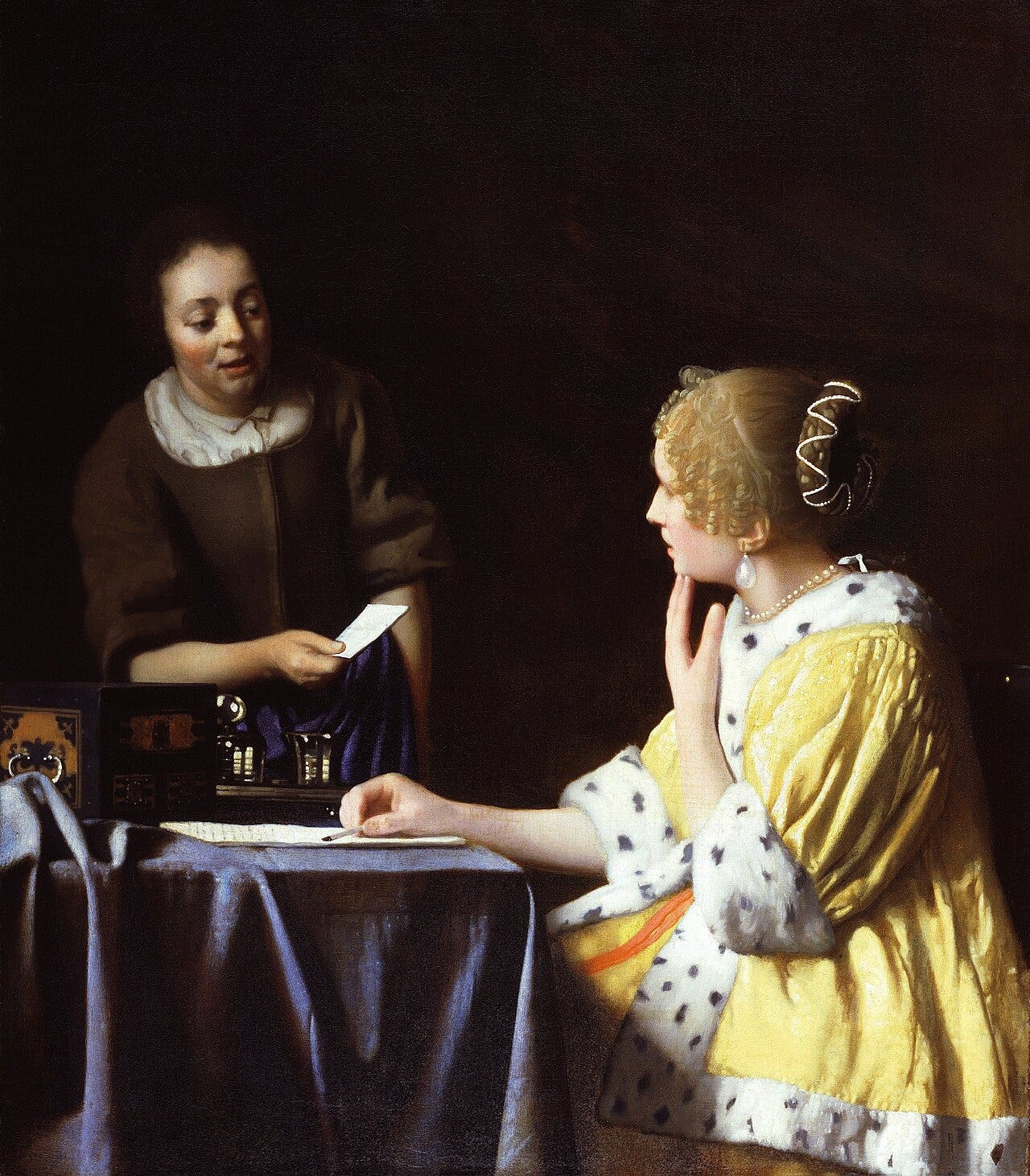 A woman in yellow surprised by a maid bringing a letter A woman in yellow surprised by a maid bringing a letter